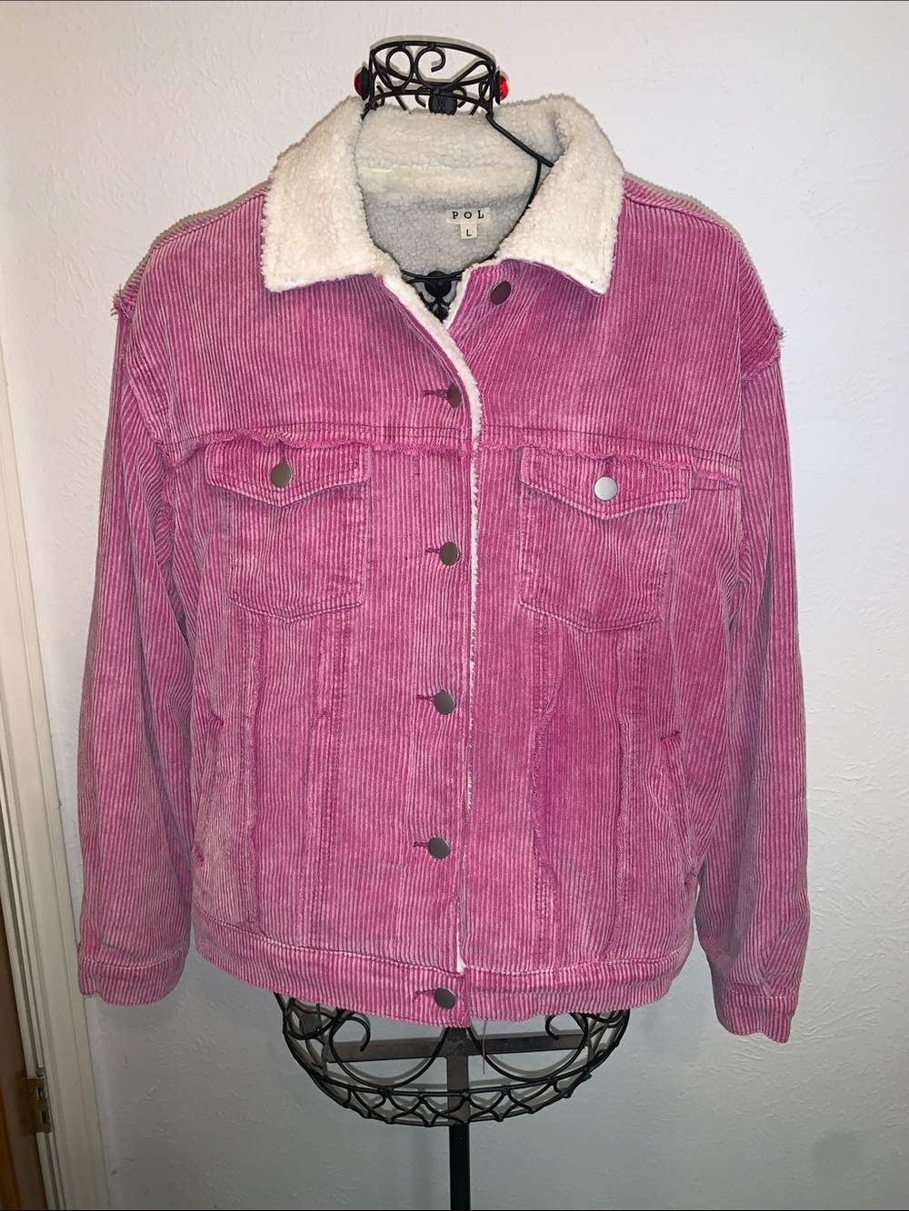 👛👛👛BOGOHO👛👛👛POL Pink Corduroy Sherpa-Lined Jean Jacket-L